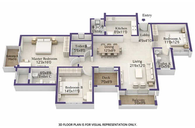 Purva Park Hill Mallasandra - Floor plan 3 BHK 1936 Sq.ft