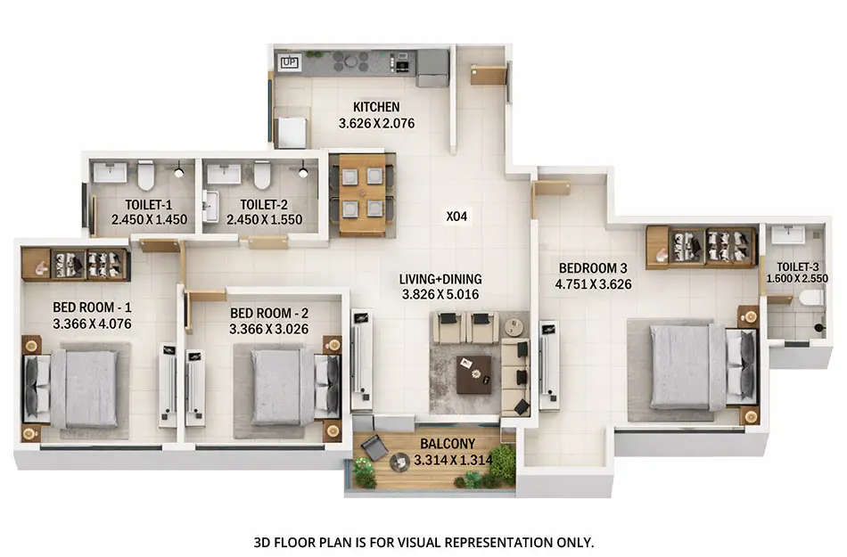 Floor plan for 3 BHK