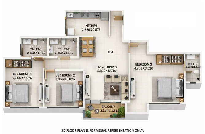 Kumar Magnacity Manjri - Floor plan 3 BHK 1053 Sq.ft