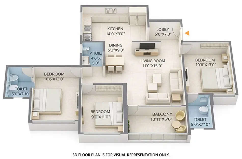 Floor plan for 3 BHK