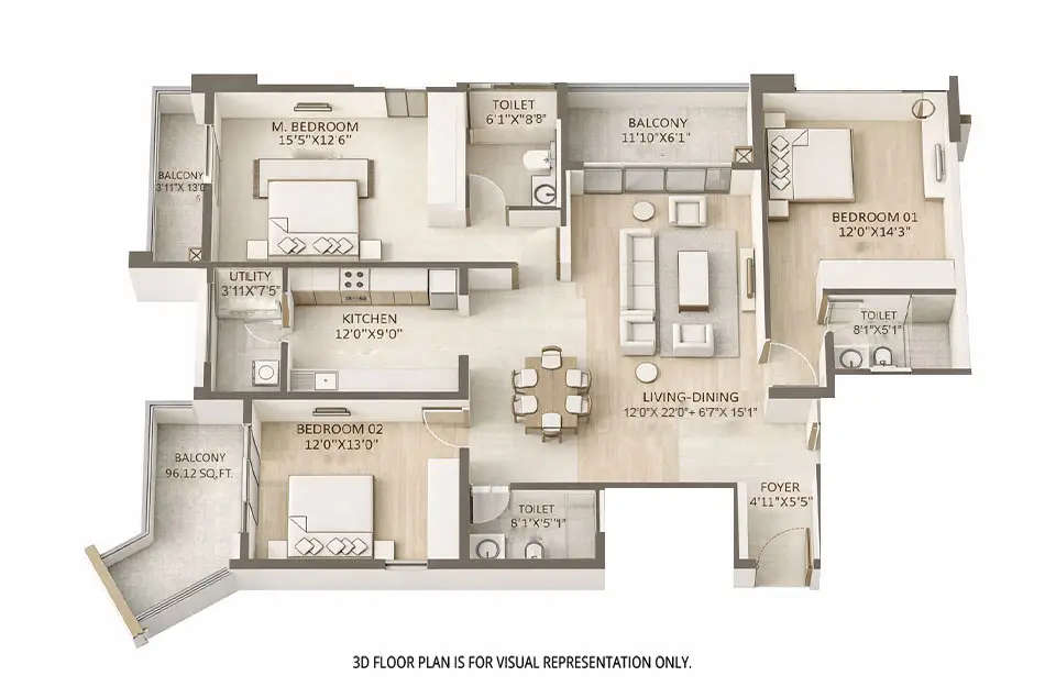 Floor plan for 3 BHK
