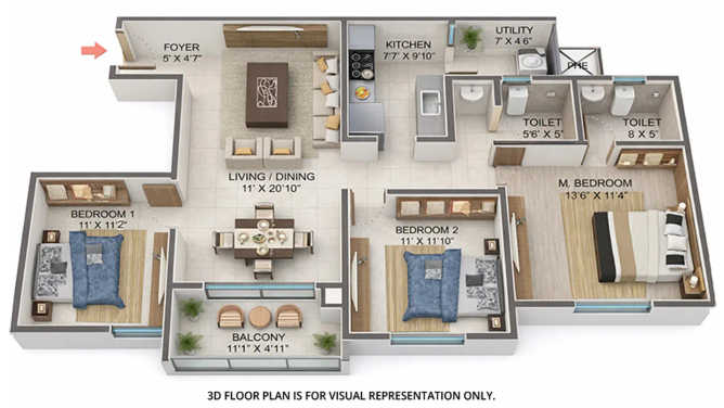 Ramky Lumina Rayasandra - Floor plan 3 BHK 1318 Sq.ft