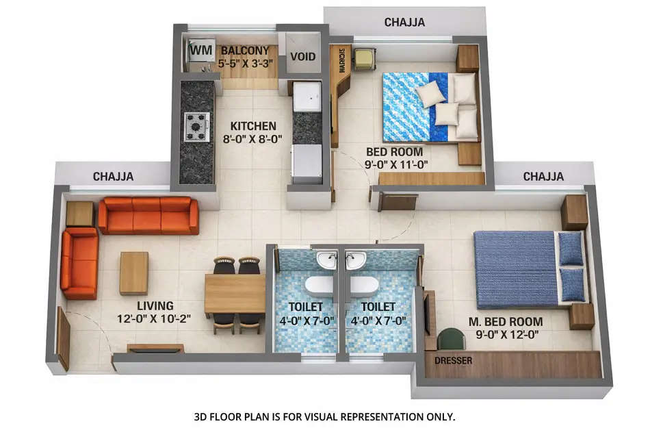 Floor plan for 2 BHK