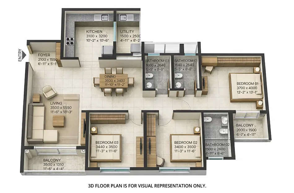 Floor plan for 3 BHK