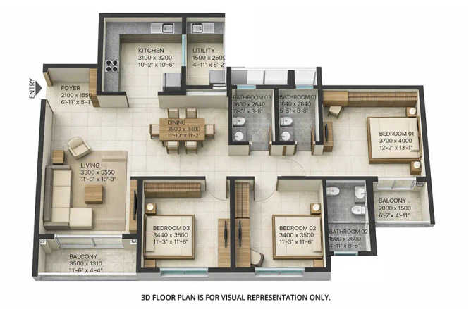 Sobha Manhattan Towers Yadavanahalli - Floor plan 3 BHK 1176 Sq.ft