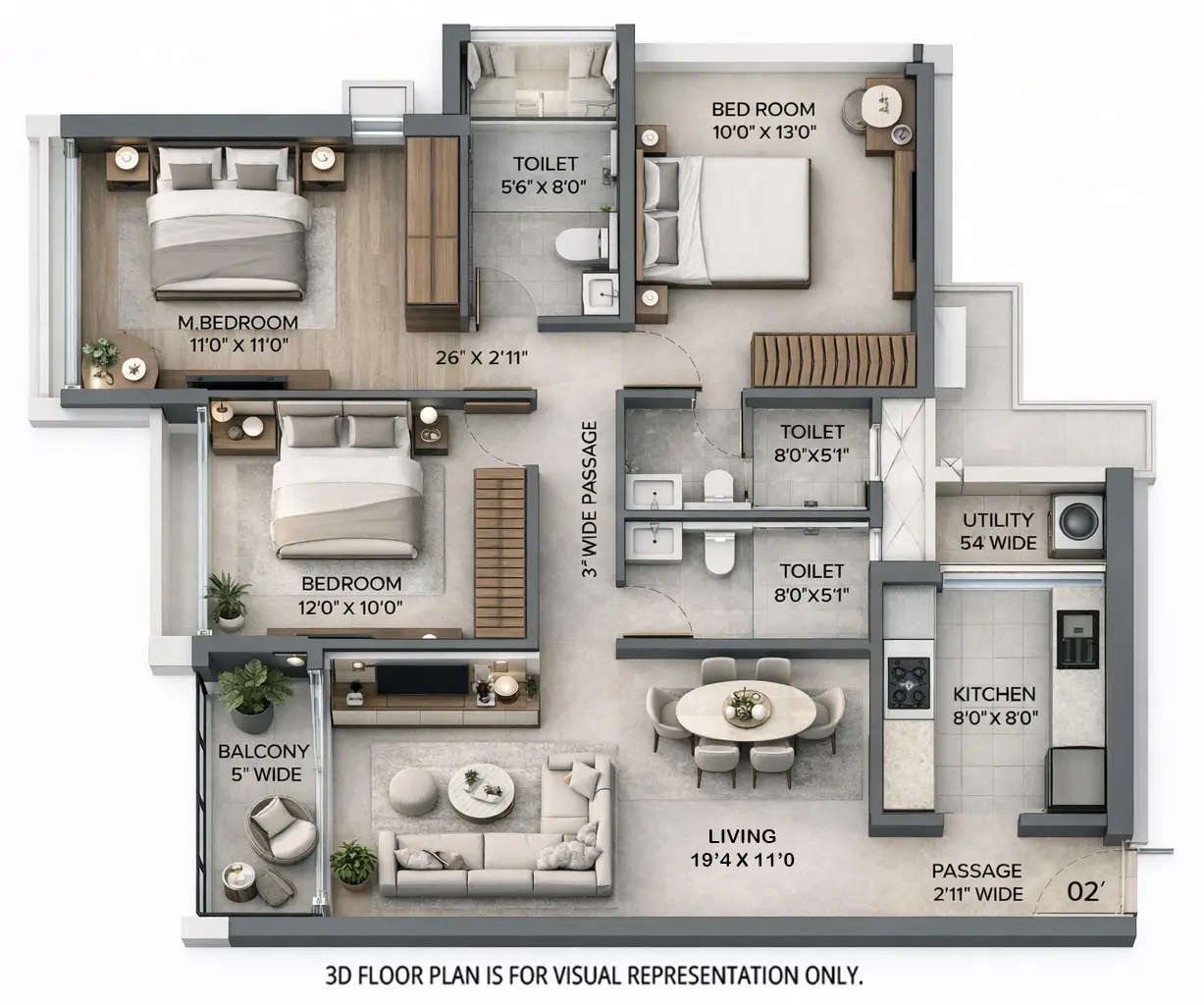 Floor plan for 3 BHK