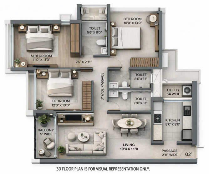 Raymond Wadala Wadala - Floor plan 3 BHK 1000 Sq.ft