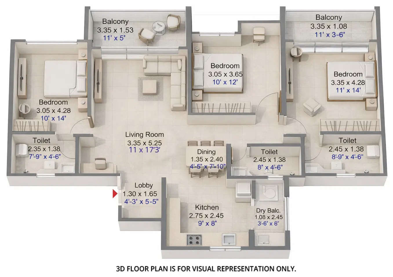 Floor plan for 3 BHK