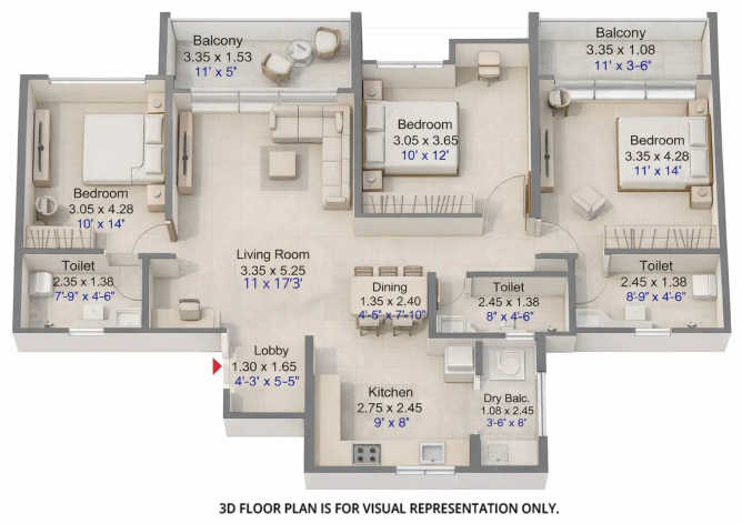 Kohinoor Downtown Wakad - Floor plan 3 BHK 1100 Sq.ft