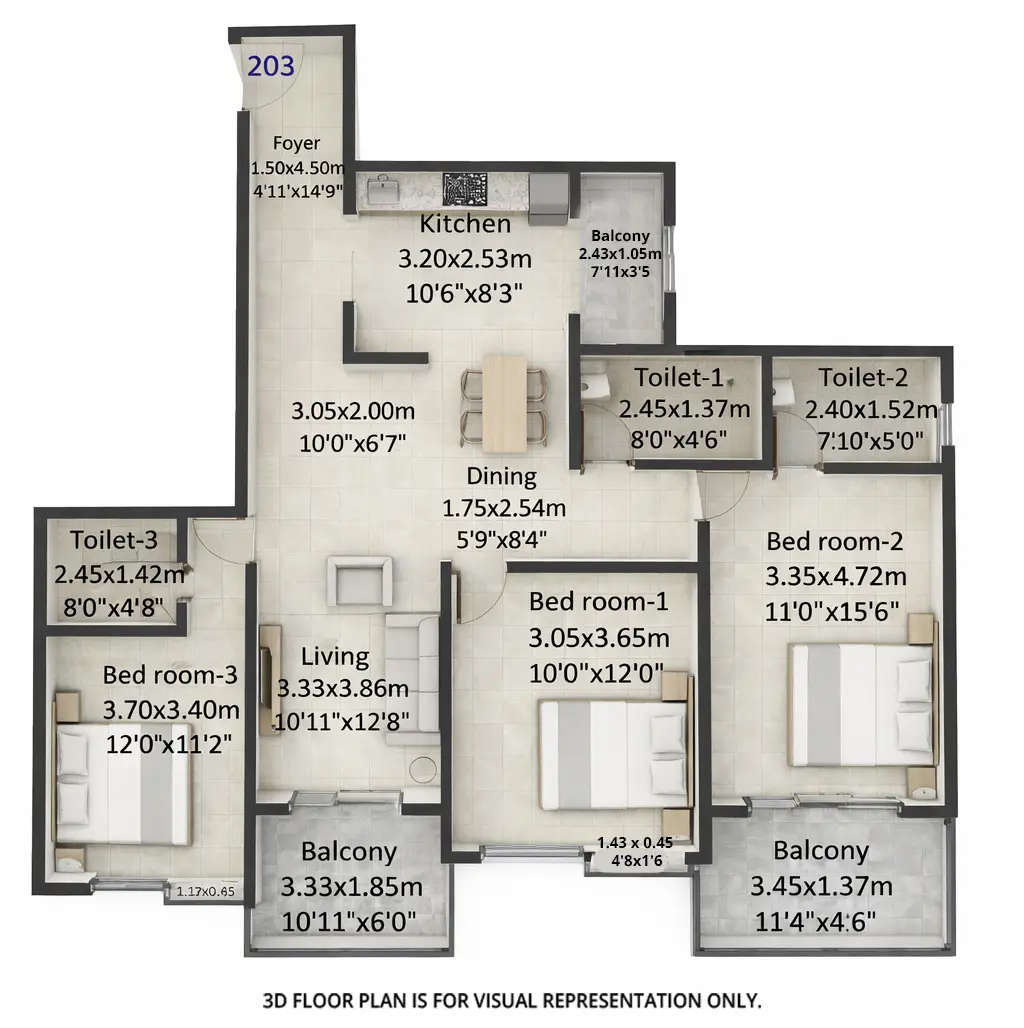 Floor plan for 3 BHK