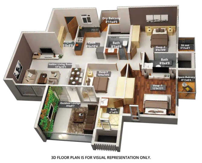 Purva Aspire Bavdhan - Floor plan 3 BHK 983 Sq.ft