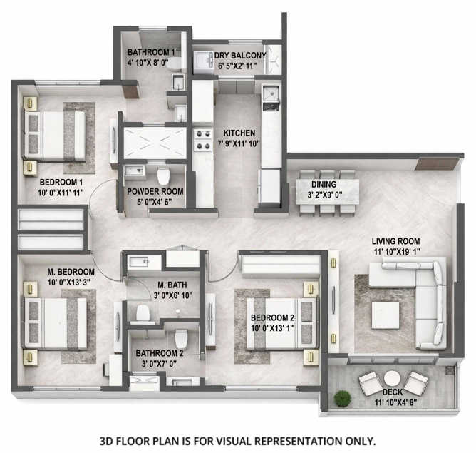 Rustomjee Prive Bandra - Floor plan 3 BHK 1090 Sq.ft