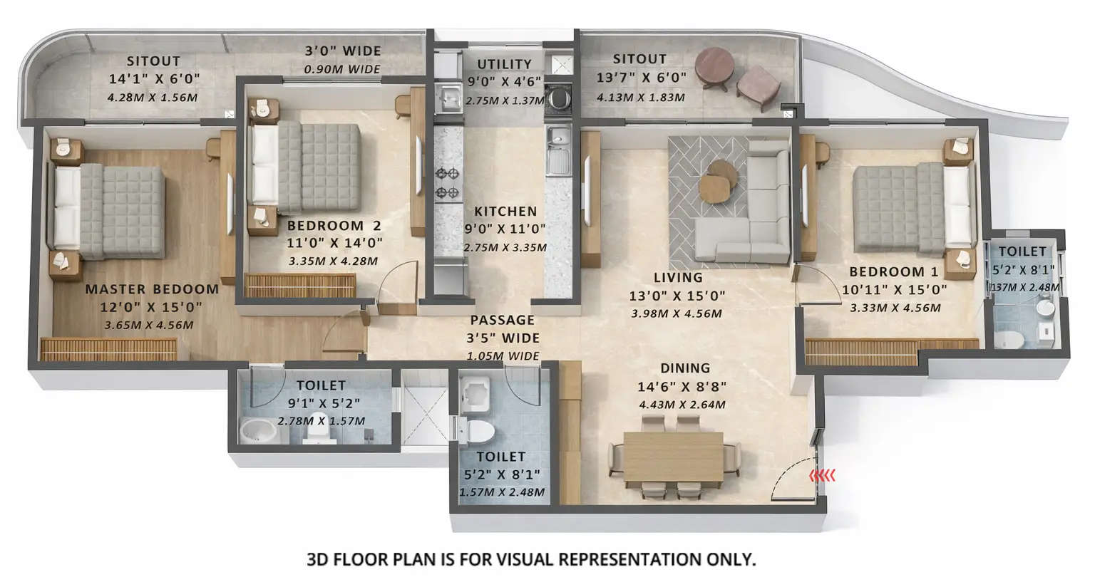 Floor plan for 3 BHK