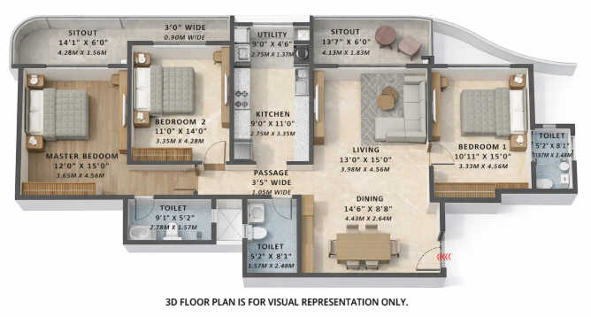 Tata Varnam Shettigere - Floor plan 3 BHK 1443 Sq.ft