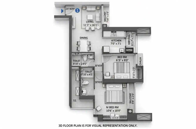 Shapoorji Northern Lights Pokhran Road 2 - Floor plan 2 BHK 711 Sq.ft