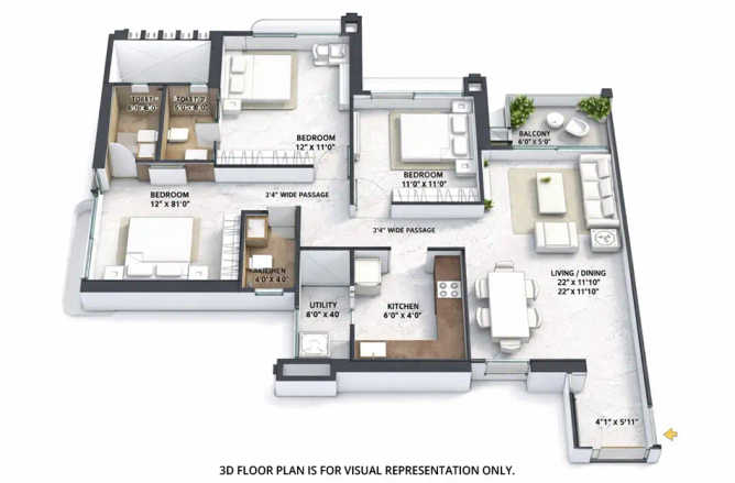 Purva Panorama Ghodbunder Road - Floor plan 3 BHK 1000 Sq.ft