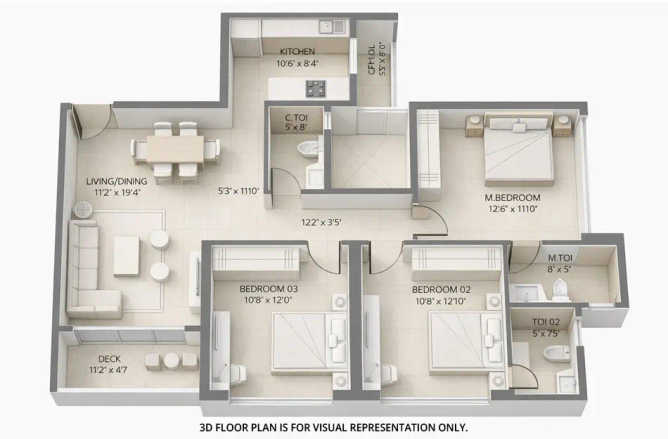 Embassy One Pokhran Road 2 - Floor plan 3 BHK 1136 Sq.ft