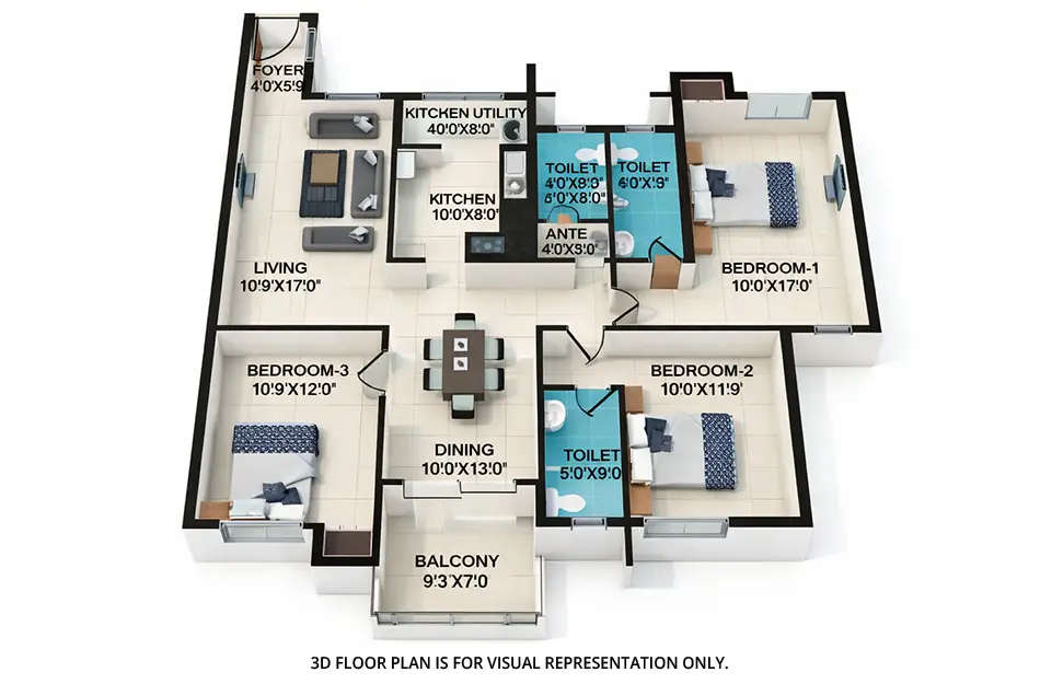 Floor plan for 3 BHK