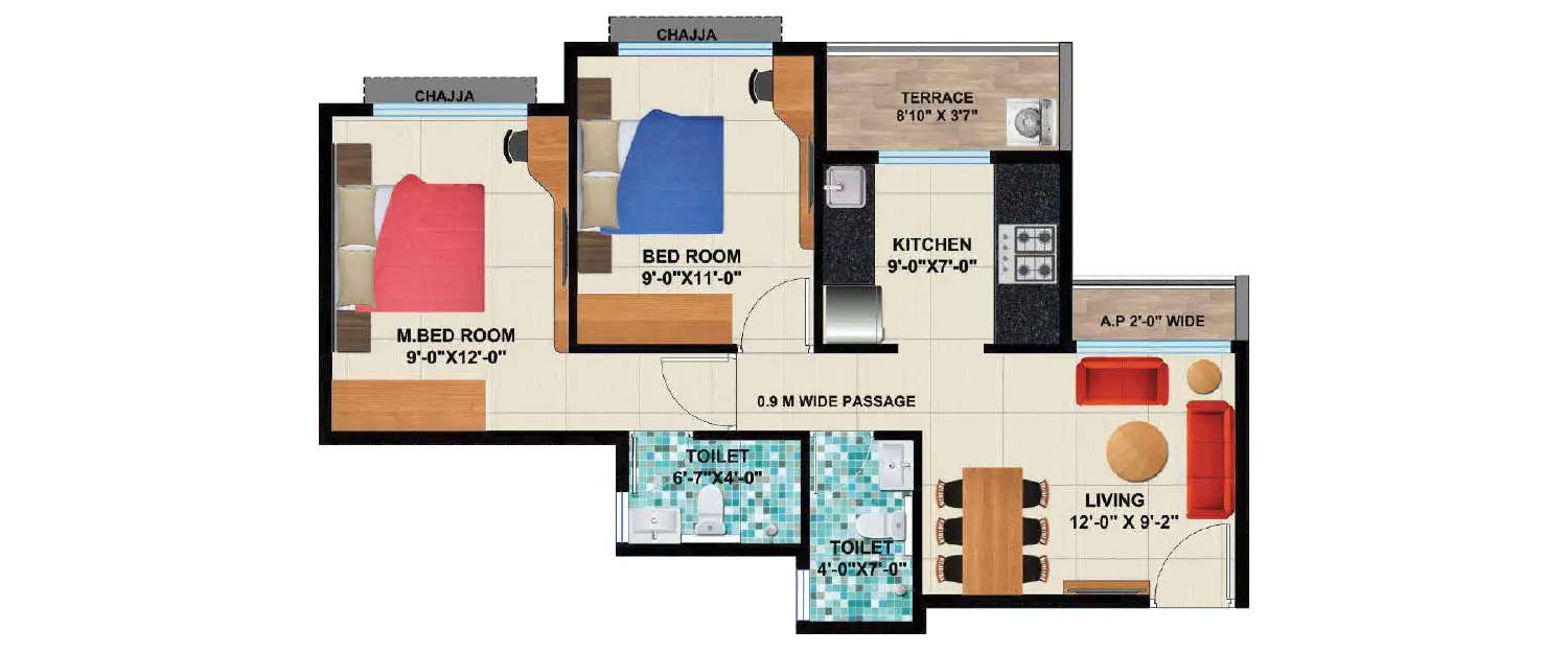 Floor plan for 2 BHK