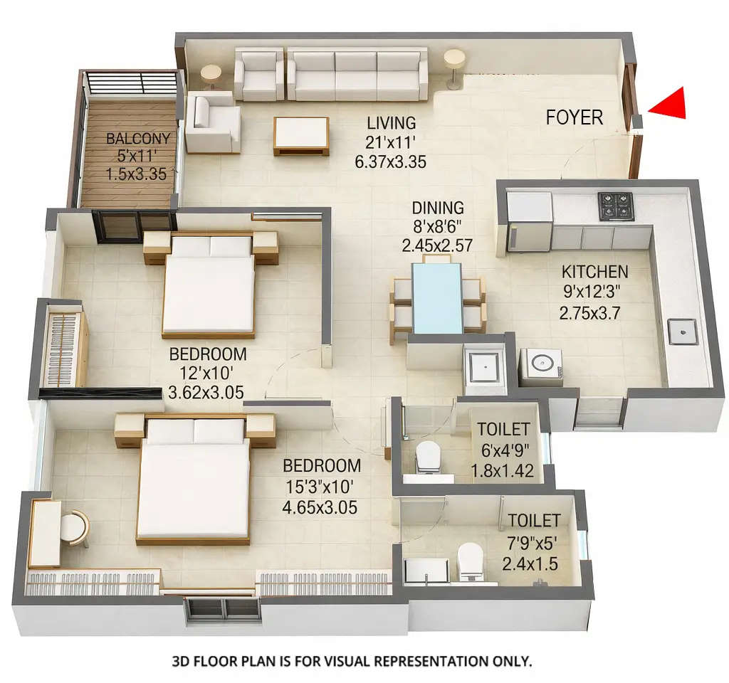 Floor plan for 2 BHK