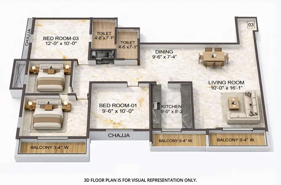 Floor plan for 3 BHK