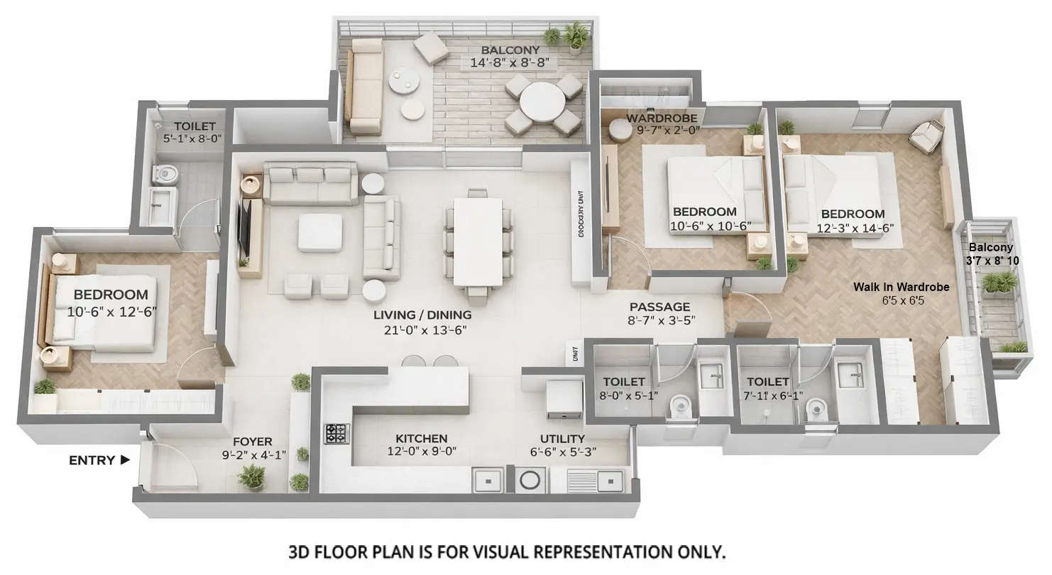 Floor plan for 3 BHK