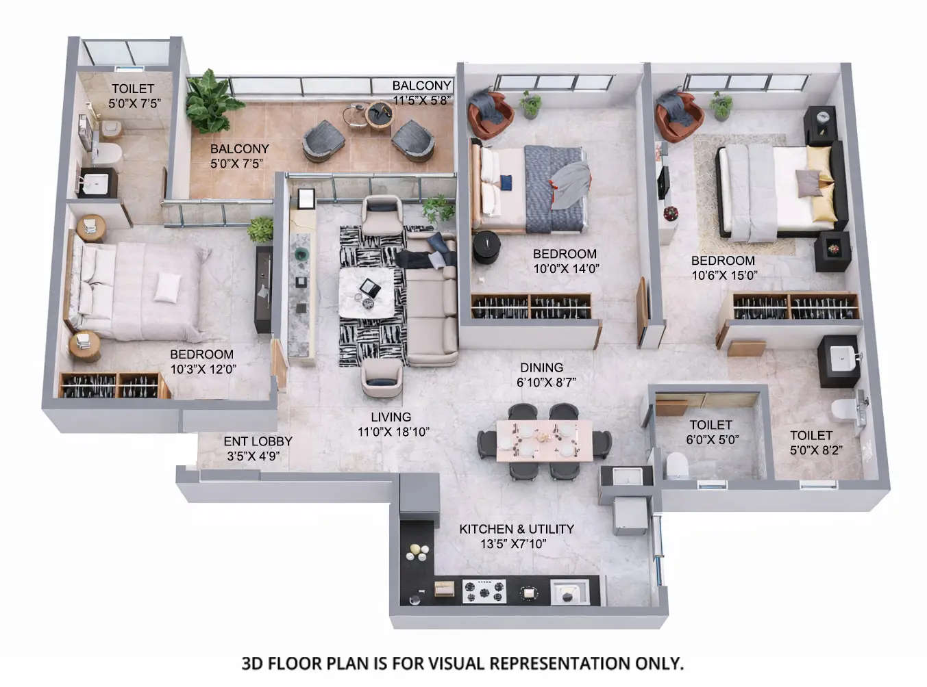 Floor plan for 3 BHK