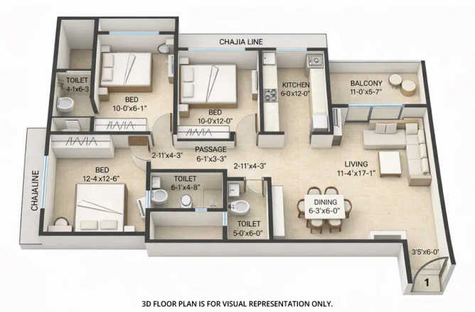 Tharwani Majestic Towers Kalyan - Floor plan 3 BHK 818 Sq.ft