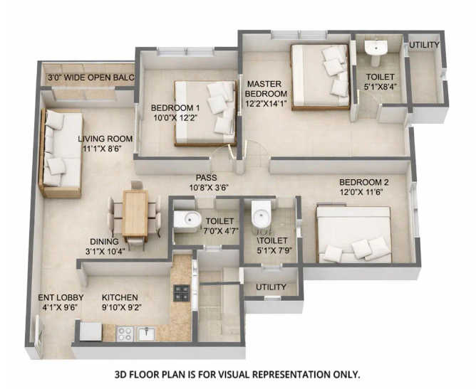 Ekta Tripolis Phase II Goregaon - Floor plan 3 BHK 1084 Sq.ft