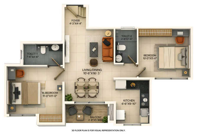 Provident Ecopolitan Huvinayakanahalli - Floor plan 2 BHK 1060 Sq.ft