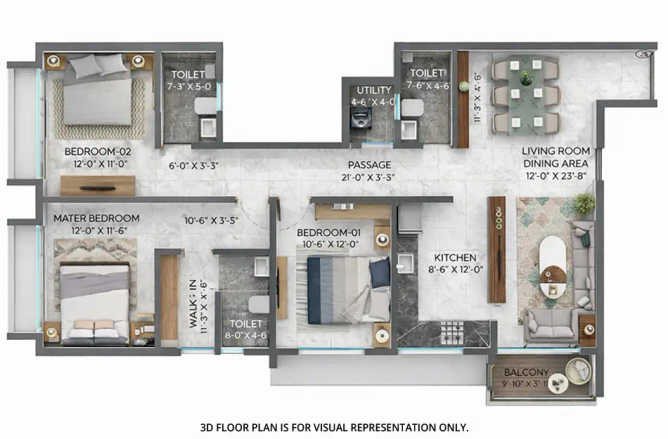 Paradise The Oasis Sanpada - Floor plan 3 BHK 1256 Sq.ft