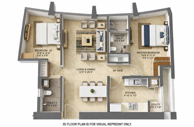 Lodha The Park Worli - Floor plan 2 BHK 967 Sq.ft