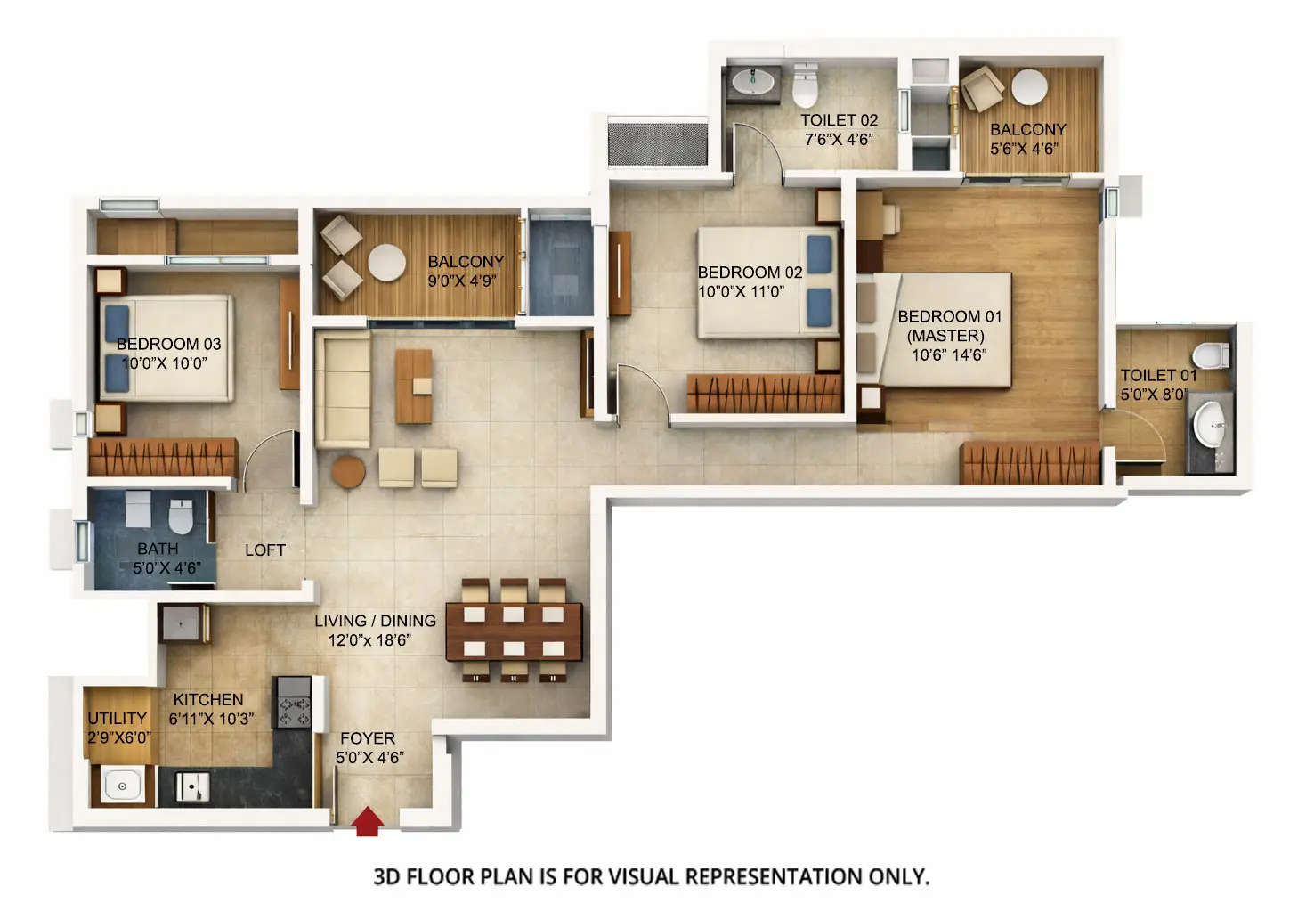 Floor plan for 3 BHK
