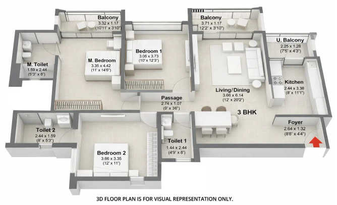 Godrej Elaris Magarpatta - Floor plan 3 BHK 1166 Sq.ft