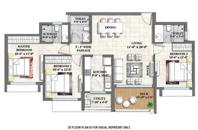 Lodha Riservo Vikhroli - Floor plan 3 BHK 1129 Sq.ft