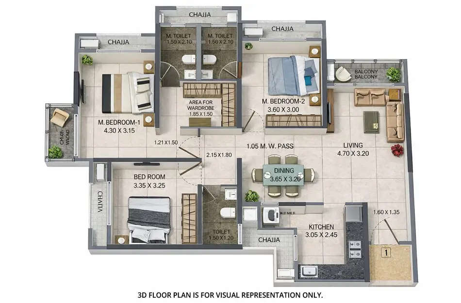 Floor plan for 3 BHK