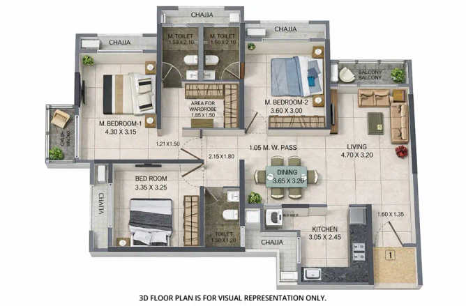 Dosti Pine Kolshet Road - Floor plan 3 BHK 1115 Sq.ft
