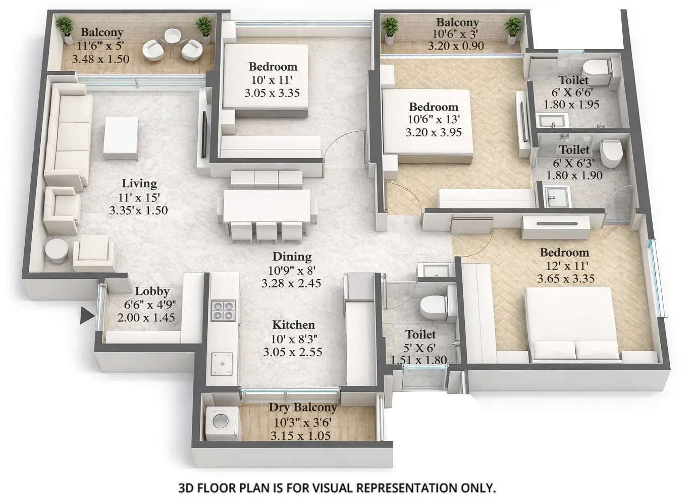 Floor plan for 3 BHK