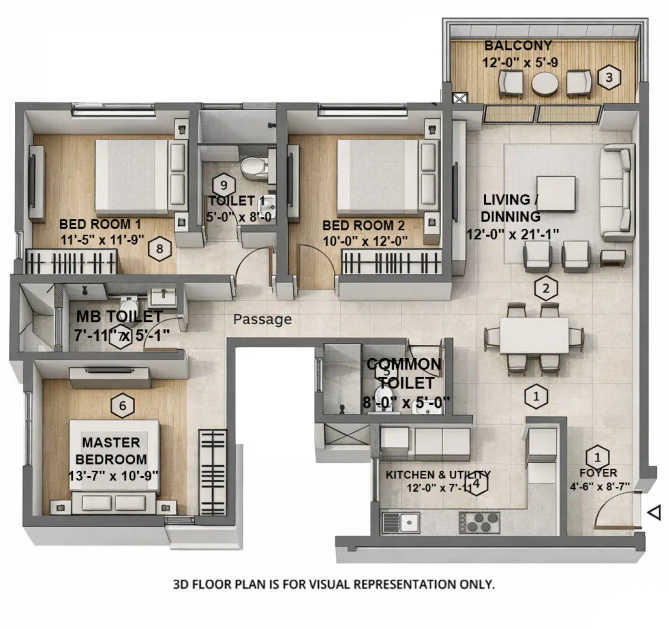 Purva Blubelle Rajajinagar - Floor plan 3 BHK 1628 Sq.ft