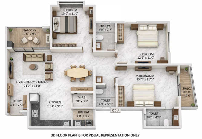 Krisala Aventis Tathawade - Floor plan 3 BHK 1109 Sq.ft
