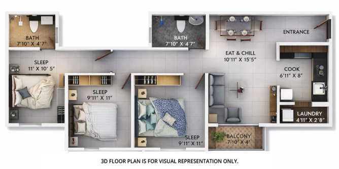 Provident Sunworth Electronic City - Floor plan 3 BHK 1082 Sq.ft