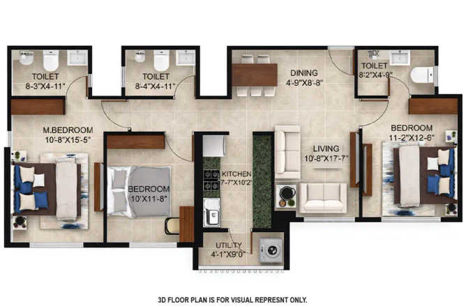 Ajmera Codename NYC Wadala - Floor plan 3 BHK 977 Sq.ft