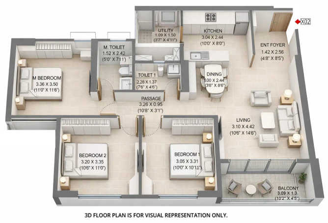 Godrej Ivara Kharadi - Floor plan 3 BHK 875 Sq.ft
