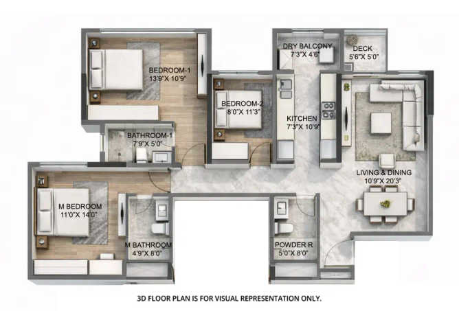 Rustomjee Seasons Bandra - Floor plan 3 BHK 1057 Sq.ft