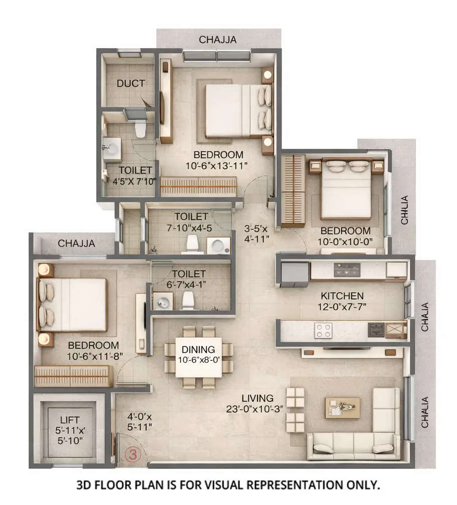 Floor plan for 3 BHK