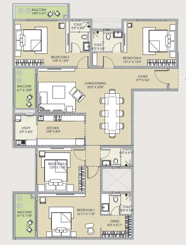 Floor plan for 4 BHK
