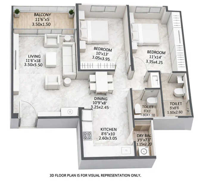 Mantra Melange Kharadi - Floor plan 2 BHK 884 Sq.ft