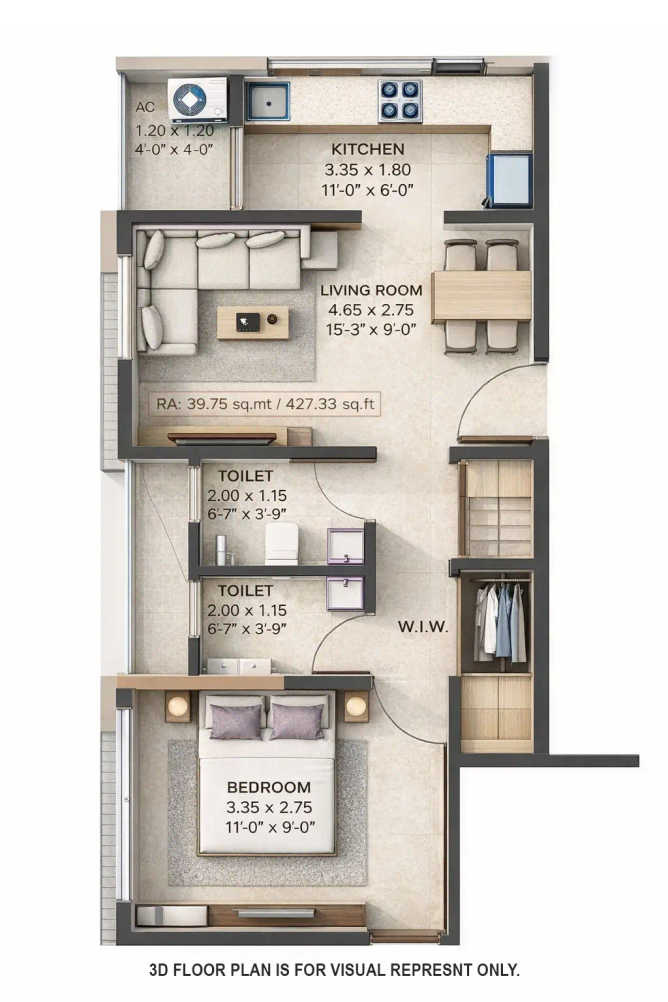 Suraj Eterna Mahim - Floor plan 1 BHK 427 Sq.ft