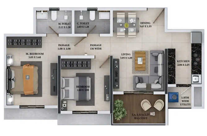 Dosti West County Balkum - Floor plan 2 BHK 601 Sq.ft