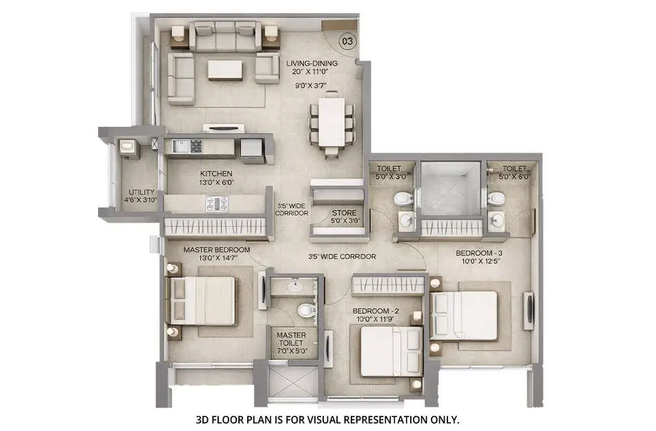 Floor plan for 3 BHK